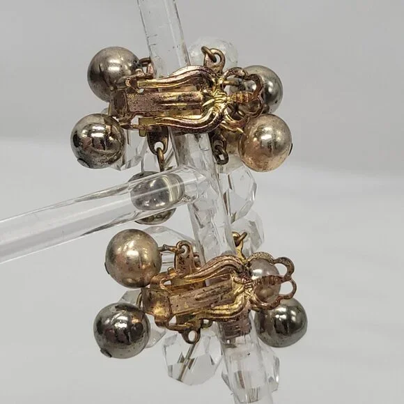 Vintage Cluster Clip-On Earrings With Clear Faceted Beads & Silver-Tone Balls - Picture 10 of 11